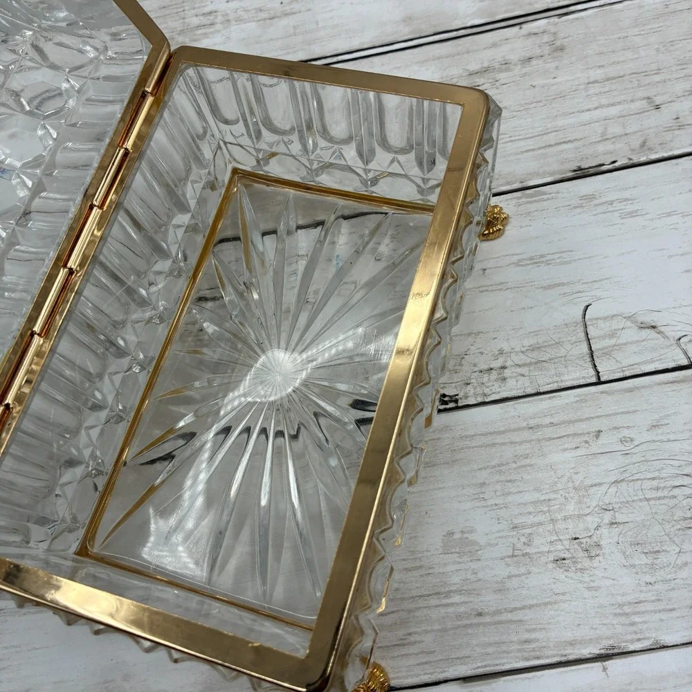 French Baccarat Style Jewelry Casket Footed Box Heavy Crystal Glass Hinged Lid